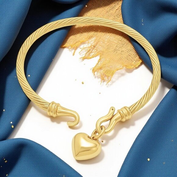 🆕️18K Gold Plated Dainty Cable Bangle Bracelet With Heart Charm Stainless Steel - Picture 7 of 11